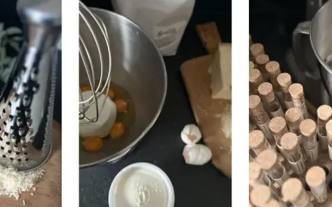 Zutaten für ein Gnudi Rezept: Parmesan, Eier, Ricotta und Gewürze.