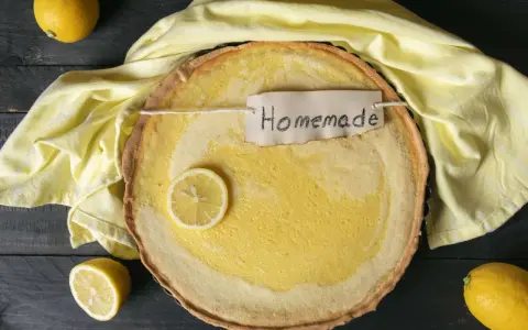 Ein frisch gebackener Joghurt Zitronen Kuchen mit einer Zitronenscheibe und dem Schriftzug "Homemade" auf einem gelben Tuch.