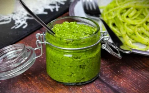 Frisches Rucola Pesto in einem Glas mit Löffel, daneben eine Portion Pasta.