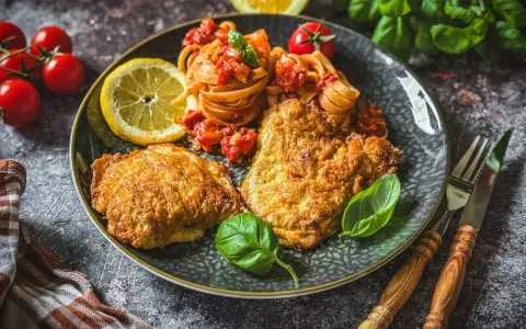 Piccata Milanese mit Pasta und frischen Tomaten, garniert mit Basilikum und Zitrone. Ein köstliches Gericht, das Appetit macht.