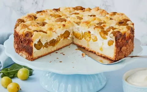 Saftiger Mirabellenkuchen mit Streuseln und einer cremigen Füllung, bereit zum Servieren.