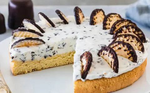 Ein Stück Mohrenkopftorte mit Schokostückchen und Waffelstücken, ein köstliches Rezept für jeden Anlass.