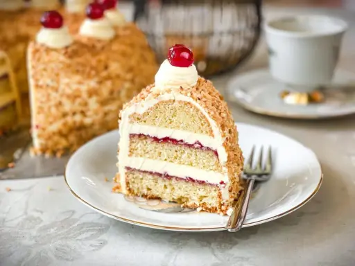 Ein Stück Frankfurter Kranz mit Buttercreme und Kirschen, umhüllt von gehackten Nüssen. Ein Genuss für jeden Kaffeetisch.