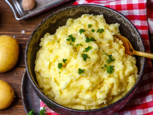 Cremiger Kartoffelbrei, garniert mit Petersilie. Ein einfaches Kartoffelbrei Rezept für ein köstliches Gericht.
