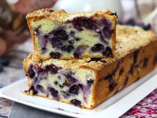 Saftiger Heidelbeerkuchen mit Streuseln, ein Stück gestapelt auf dem ganzen Kuchen.