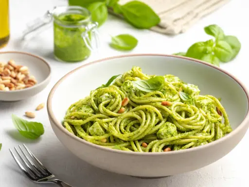 Der beste Spaghettisalat mit Pesto, garniert mit Pinienkernen und frischem Basilikum. Ein Genuss für Augen und Gaumen!