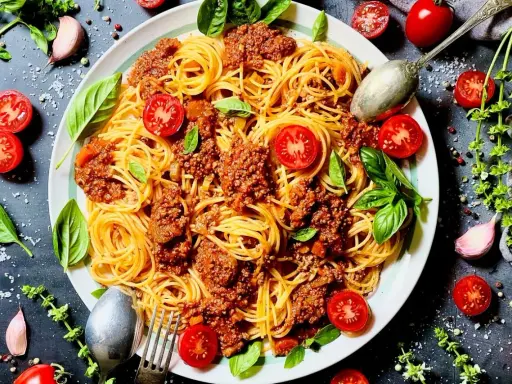 Spaghetti Bolognese mit Hackfleisch, garniert mit frischen Tomaten und Basilikum. Ein Klassiker, bei dem das bolognese welches Fleisch zur Geltung kommt.