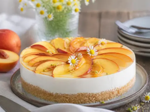 Ein köstlicher Kuchen ohne Backen, belegt mit frischen Pfirsichscheiben und kleinen Gänseblümchen.