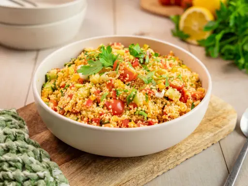 Frischer Couscous Salat mit Tomaten, Gurken und Paprika, garniert mit Petersilie. Ein leichter und gesunder Genuss.
