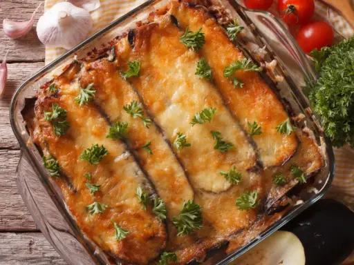 Ein Moussaka, ein Klassiker der griechischen Rezepte, in einer Auflaufform, mit geschmolzenem Käse und Petersilie garniert. Daneben liegen Knoblauch und Tomaten.
