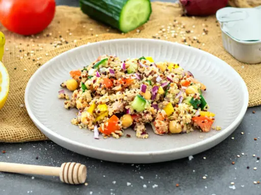 Bunter Quinoa Salat mit Kichererbsen, Tomaten, Gurken und Zwiebeln, garniert mit Zitronenspalten.