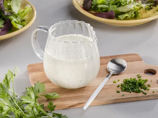 Ein Krug mit cremigem Ranch Dressing steht auf einem Holzbrett neben frischer Petersilie und Schnittlauch.