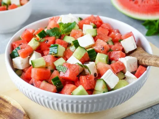Erfrischender Feta Melonen Salat mit Gurke und Minze, perfekt für heiße Tage.