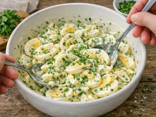 Cremiger Eiersalat mit frischen Kräutern, perfekt für ein schnelles Mittagessen. Dieses Rezept für Eiersalat ist einfach und lecker.