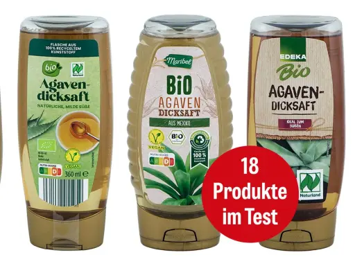 Drei Flaschen Bio-Agavendicksaft, ein natürliches Süßungsmittel. Was ist Agavendicksaft? Ein süßer Sirup aus der Agavenpflanze.