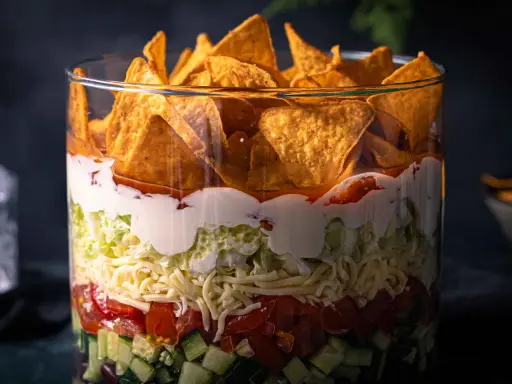 Schichtsalat im Glas: knackiger Salat, Tomaten, Käse, saure Sahne und Tortilla-Chips. Ein leckerer nacho salat.