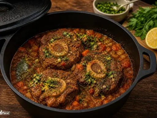 Herzhaftes Ossobuco im Gusseisentopf, ein köstliches Rezept für den Backofen. Mit Karotten und Kräutern verfeinert.