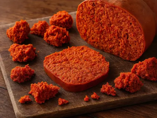 Nduja deutsch: würzig-scharfe Streichwurst in verschiedenen Portionen auf Holzbrett.