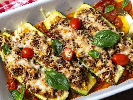 Gefüllte Zucchini mit Hackfleisch, überbacken mit Käse und garniert mit Tomaten und Basilikum. Ein köstliches Gericht!
