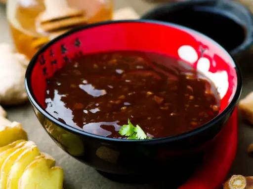 Schwarze Schüssel mit glänzender Teriyaki-Sauce, umgeben von Ingwer, Chili und Honig. Perfekt für dein Teriyaki Sauce Rezept!