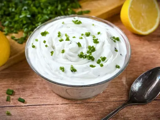 Cremige **sour cream** garniert mit Schnittlauch, daneben Zitronenspalten und ein Löffel.