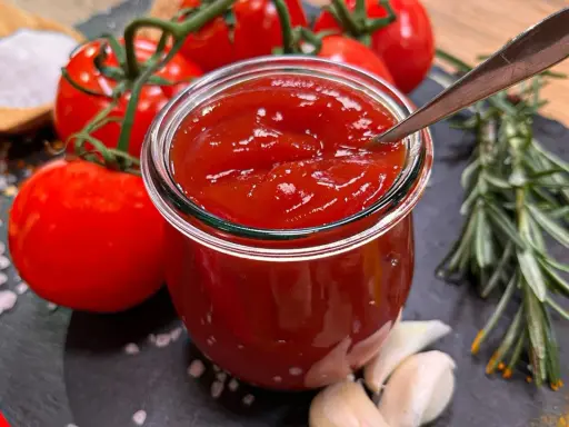 Frisches, selbstgemachtes Ketchup in einem Glas, umgeben von Tomaten, Knoblauch, Rosmarin und Gewürzen. So einfach ist Ketchup selber machen!