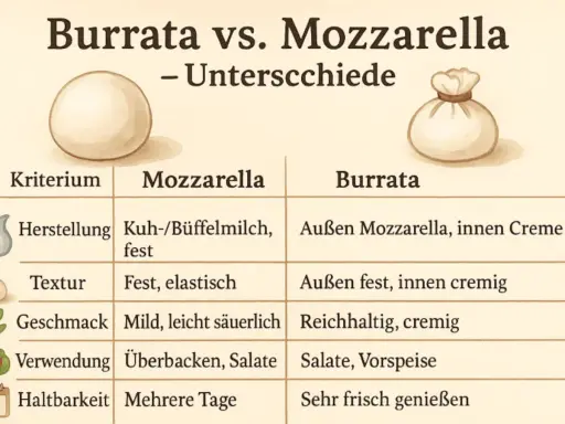 Vergleichstabelle: Was ist Burrata? Außen Mozzarella, innen cremig, reichhaltig und frisch genießen.