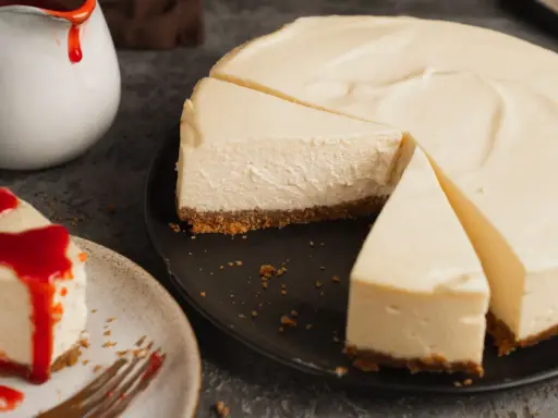 Ein cremiger american cheesecake, angeschnitten auf einem schwarzen Teller. Daneben ein Stück mit roter Soße und eine Kanne mit Soße.