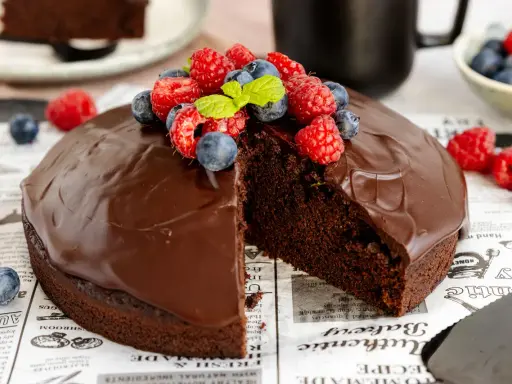 Ein saftiger veganer Schokokuchen mit glänzender Schokoladenglasur, garniert mit frischen Himbeeren und Blaubeeren.