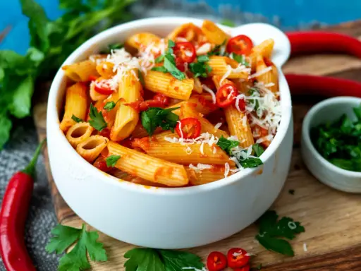 Eine Schüssel Penne all'Arrabbiata, garniert mit frischer Petersilie und Chilischeiben.