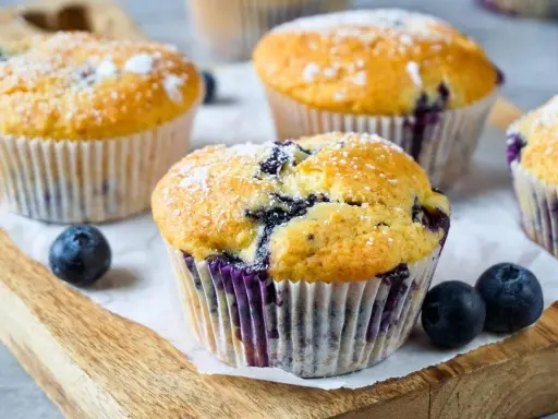 Frisch gebackene Blaubeer Muffins, bestäubt mit Puderzucker, liegen auf einem Holzbrett.