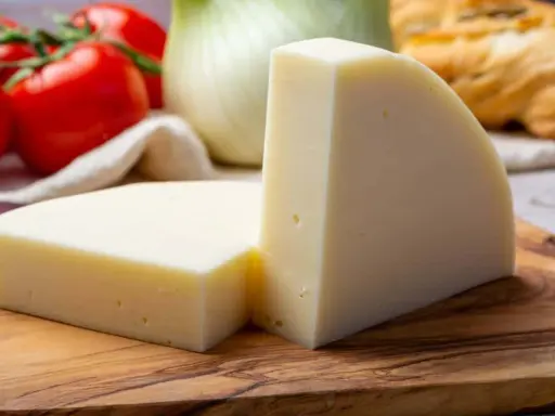 Zwei Keile hellgelben Käses, eine tolle provolone Alternative, liegen auf einem Holzbrett. Tomaten und Fenchel im Hintergrund.