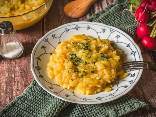 Ein Teller mit Omas Kartoffelsalat, garniert mit Petersilie. Daneben ein Glas mit Radieschen und Gewürzstreuer.