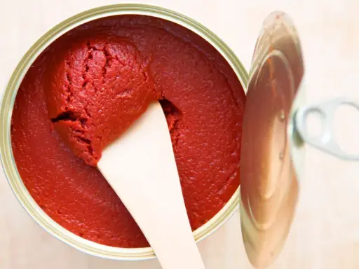 Ein offener Behälter mit leuchtend rotem Tomatenmark, aus dem mit einem Holzspatel eine Portion entnommen wird. Perfekt als Tomatenmark-Ersatz für Saucen und Eintöpfe.