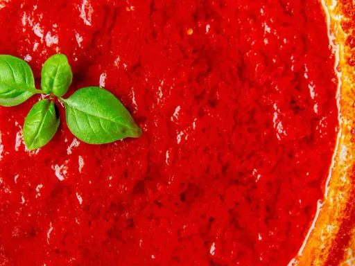 Frische, leuchtend rote italienische Tomatensauce mit Basilikumblättern, bereit für Pasta.