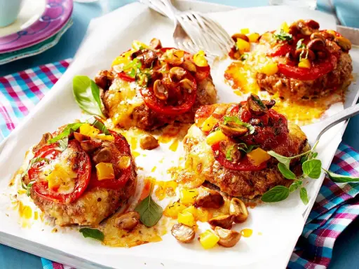 Vier saftige Hackfleisch-Patties, überbacken mit Tomaten, Pilzen und Käse. Ein köstliches Gericht, das Lust auf mehr macht.