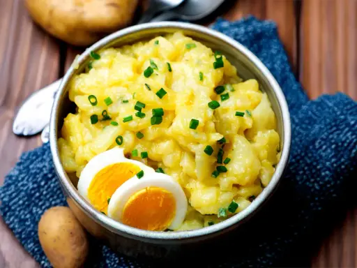 Schüssel mit warmem Kartoffelsalat, garniert mit Schnittlauch und Ei. Ein herzhaftes Gericht, das zum Genießen einlädt.