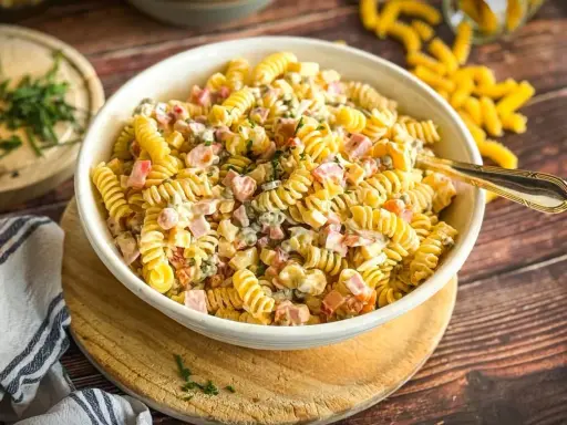 Schüssel mit cremigem Nudelsalat, gefüllt mit Schinken, Erbsen und Kräutern. Der beste Nudelsalat für jede Gelegenheit!