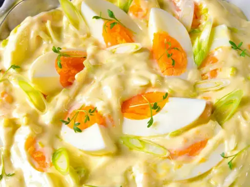 Cremiger Eiersalat mit Lauch und Karotten, garniert mit Kresse. Ein köstlicher Salat, der an 7 Tassen Salat erinnert.