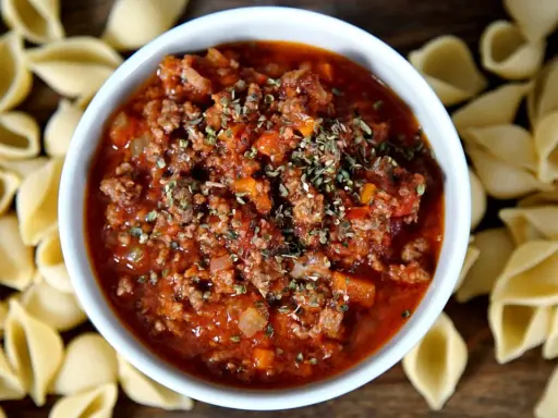 Herzhaftes Ragout alla Bolognese in einer Schüssel, umgeben von ungekochten Muschelnudeln.