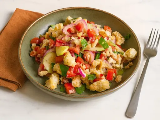 Bunter Panzanella Salat mit Tomaten, Gurken, roten Zwiebeln und knusprigem Brot in einer grünen Schüssel.