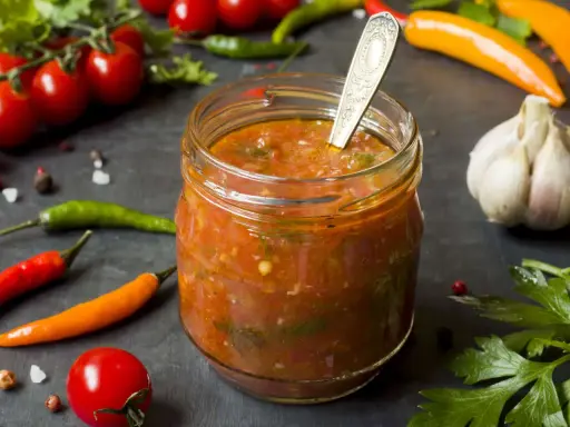 Ein Glas mit würzigem Zucchini-Ketchup, umgeben von frischen Tomaten, Chilis und Knoblauch.
