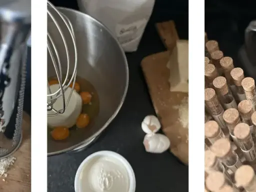 Zutaten für ein Gnudi Rezept: Parmesan, Eier, Ricotta und Gewürze.