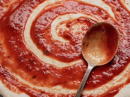 Ein Löffel verteilt das rote Pizzasaucen-Rezept auf einem Teigboden in Spiralform.