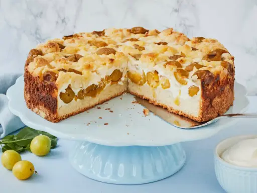 Saftiger Mirabellenkuchen mit Streuseln und einer cremigen Füllung, bereit zum Servieren.