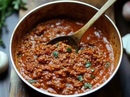 Eine Pfanne mit klassischer Bolognese, garniert mit Petersilie. Daneben liegen Knoblauch und Kräuter.