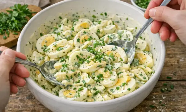 Cremiger Eiersalat mit frischen Kräutern, perfekt für ein schnelles Mittagessen. Dieses Rezept für Eiersalat ist einfach und lecker.