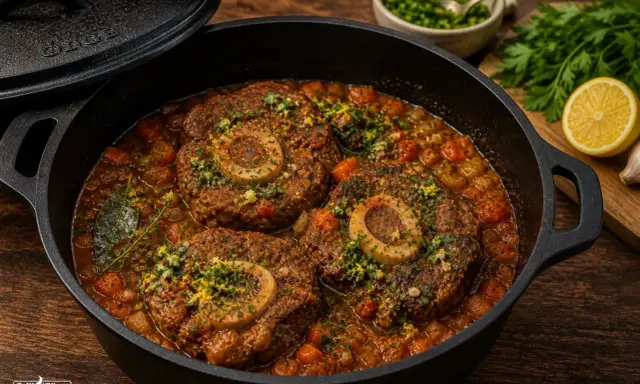 Herzhaftes Ossobuco im Gusseisentopf, ein köstliches Rezept für den Backofen. Mit Karotten und Kräutern verfeinert.
