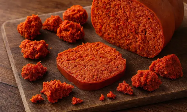 Nduja deutsch: würzig-scharfe Streichwurst in verschiedenen Portionen auf Holzbrett.