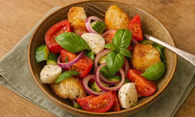 Ein köstliches Panzanella Rezept mit frischen Tomaten, Gurken, Mozzarella, roten Zwiebeln und knusprigen Brotwürfeln, garniert mit Basilikum.